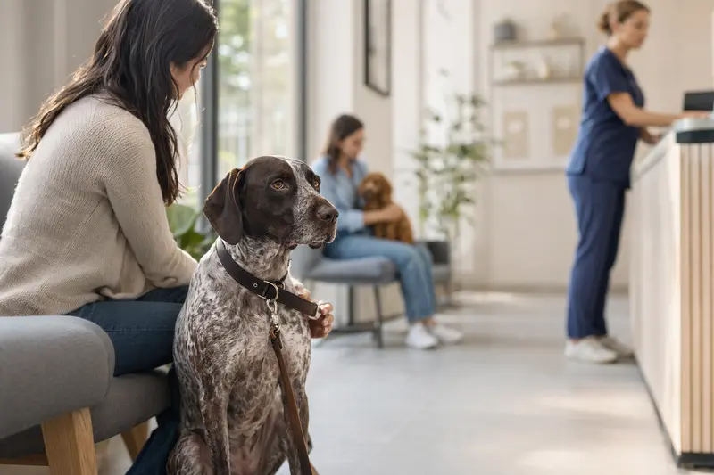 Ein Portugiesischer Vorstehhund sitzt ruhig neben seinem Besitzer im hellen Wartezimmer einer modernen Tierarztpraxis.